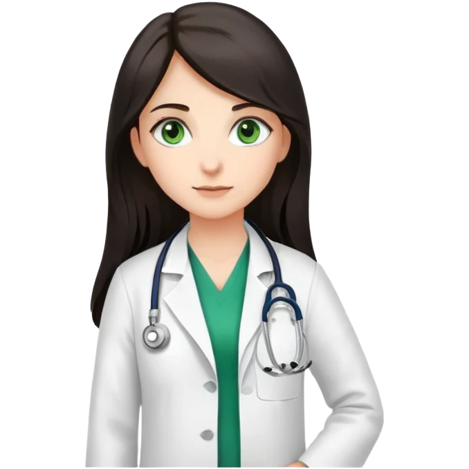 Make a girl with long dark hair, green eyes and a white doctors coat with a scope around her neck that says PA above the breast plate ￼ emoji