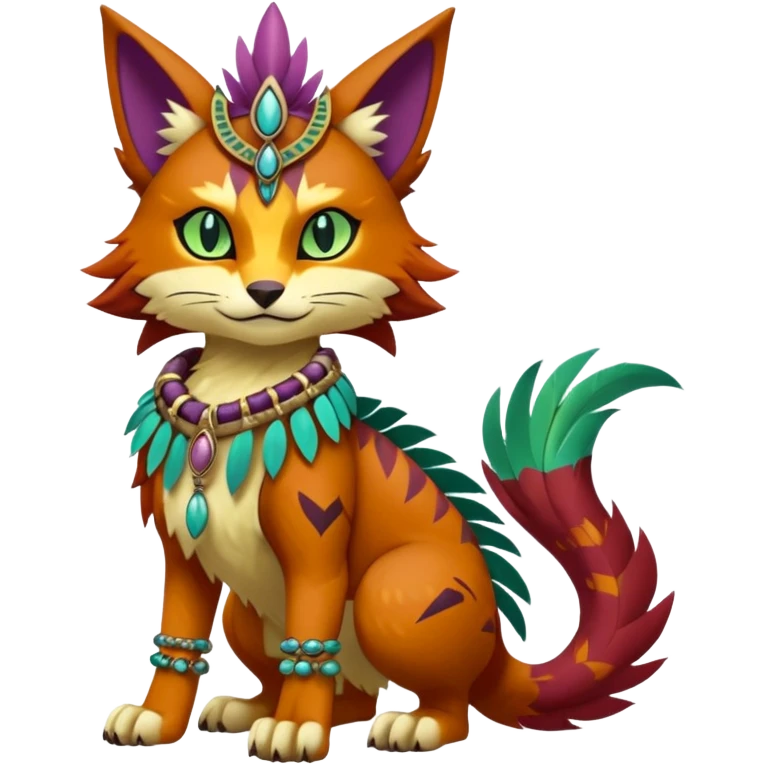 Kawaii cute reddish orangish yellowish greenish purplish exotic tribal beautiful pretty elegant divine edgy feline-vernid-sergal-Fakémon-Pokémon-Digimon-fursona-animal-creature with bracelet, necklace, full body, with intricate detailed markings, feather headdress  emoji