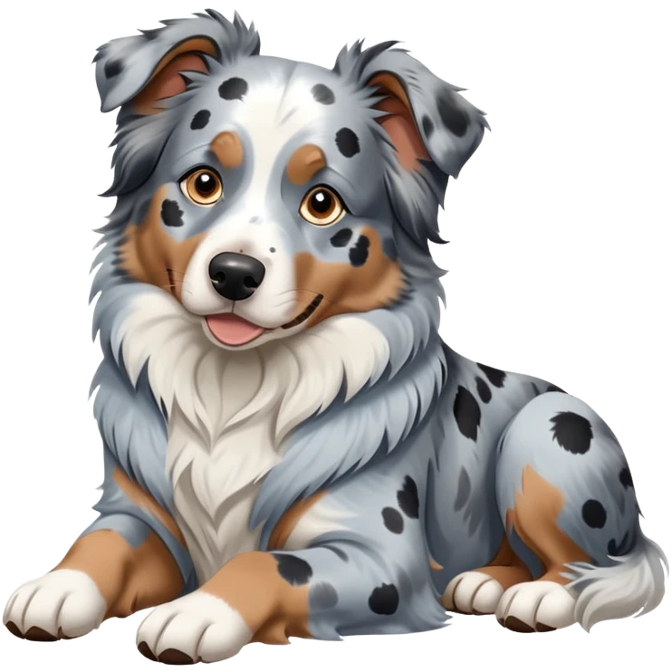 Merle Australian Shepherd dog laying down, blue merle coat with white and black spots, relaxed pose emoji