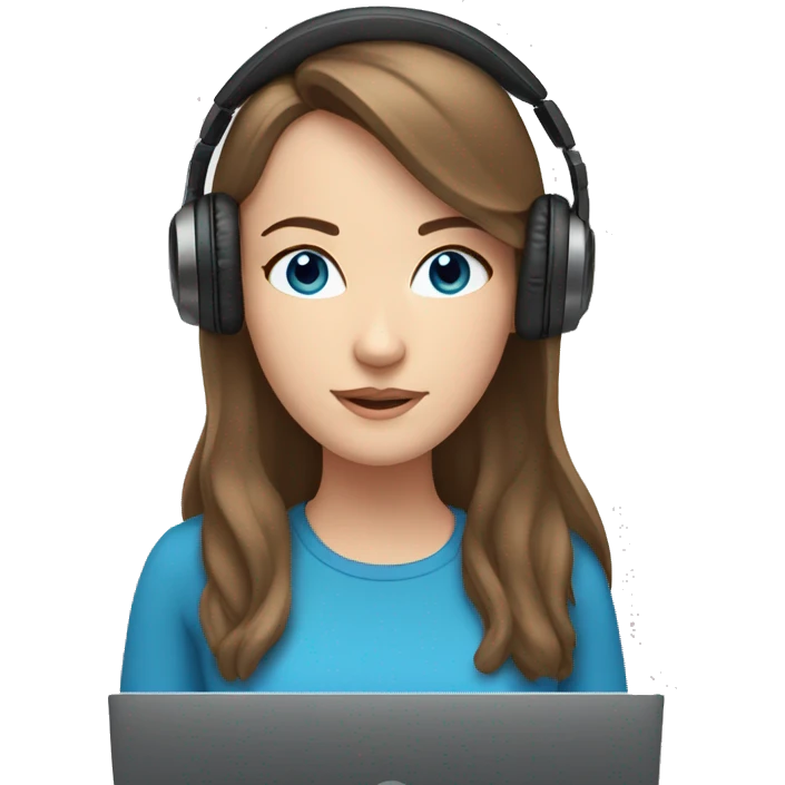 white girl at desk, brown hair, blue eyes, computer, headphones emoji