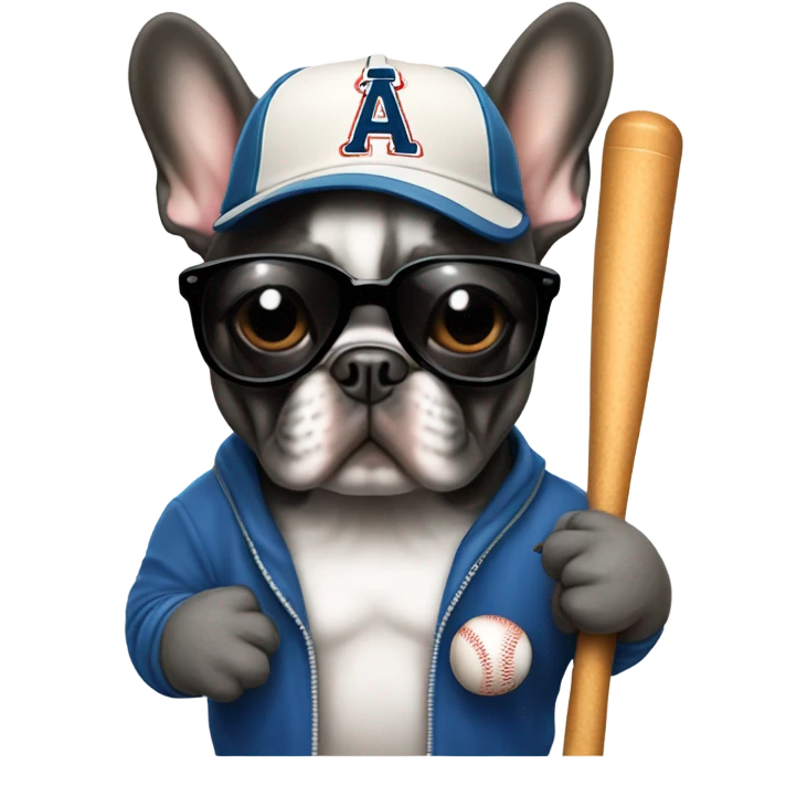 A French bulldog with a baseball bat and a baseball cap on with dark sunglasses emoji