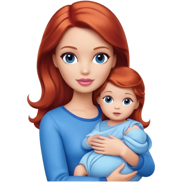 A barbie girl with makeup with brown hair with a baby, a daughter, a girl with red hair, holding her hand in blue clothes emoji