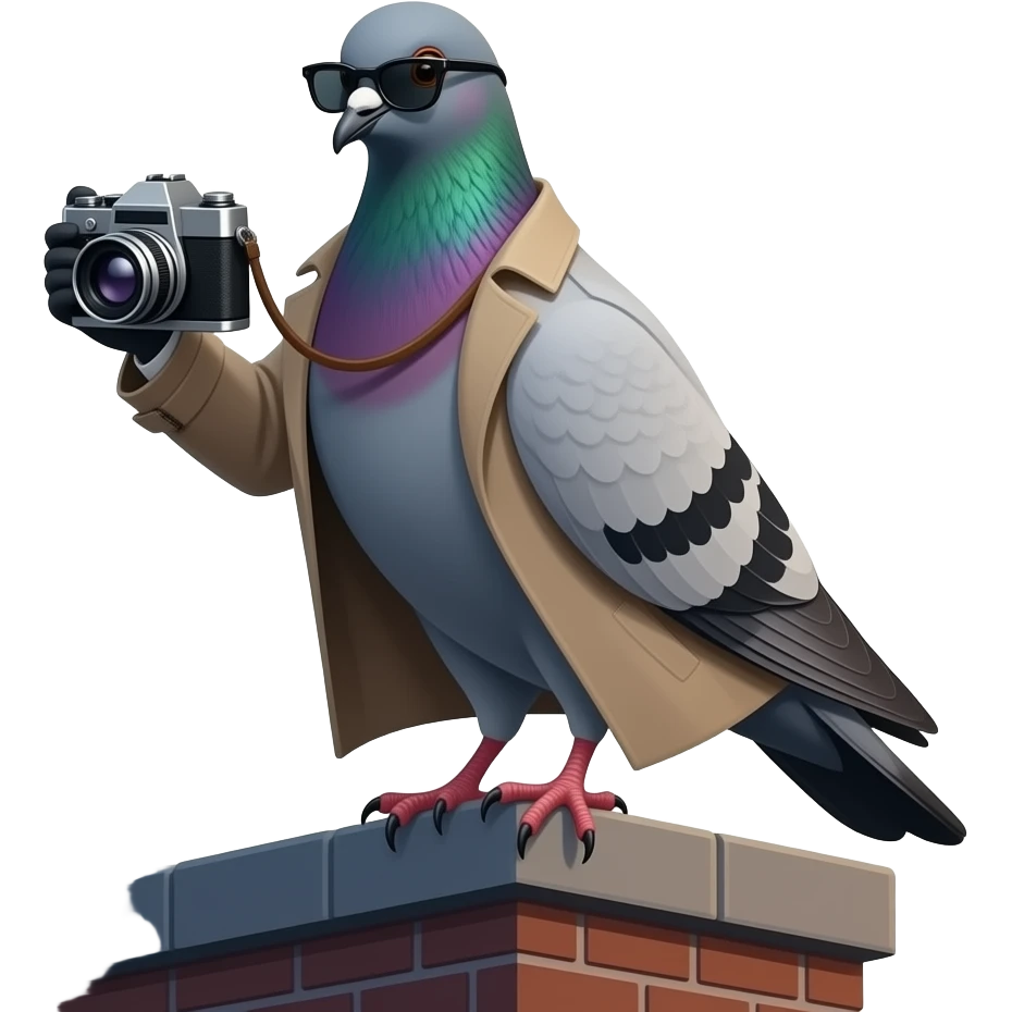 spioniro golubiro, secret agent pigeon in coat, sunglasses and with a photo camera emoji