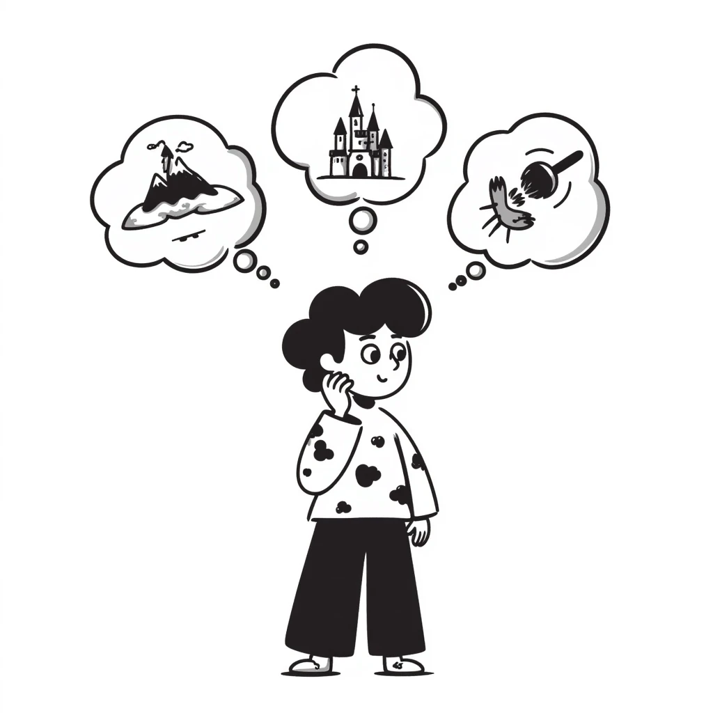 Creative artist with wild imagination visualized with thought bubbles showing artistic ideas emoji