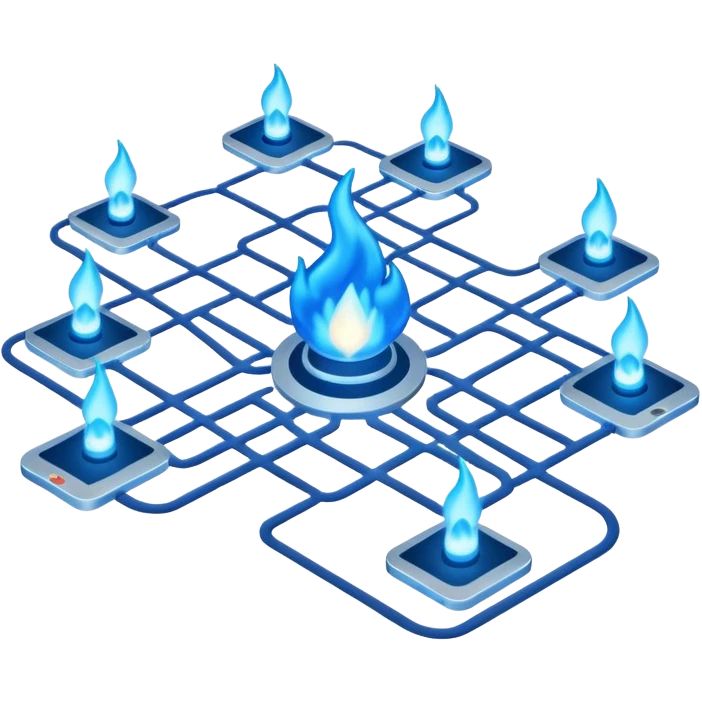 a map with a glowing blue flame on the x and networking paths emoji