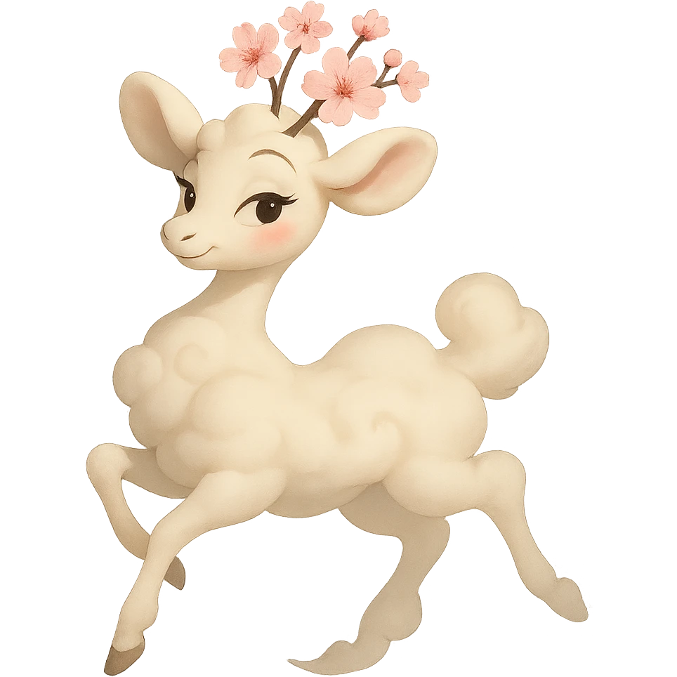 Pixar style graceful feminine vanilla cloud doe, rosy cheeks, cherry blossom head, floating elegantly, confident charming presence emoji