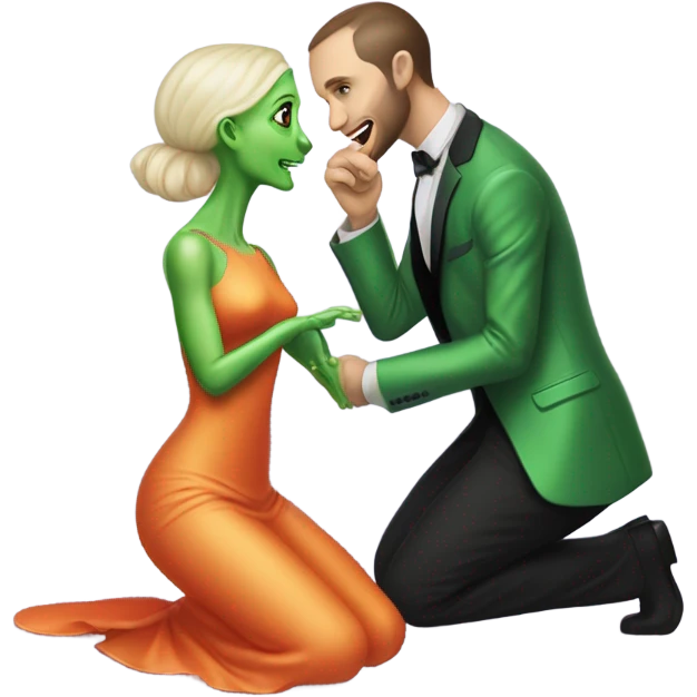 alien reptilian green skin woman,long slim pastel orange formal party satin dress with gradient shiny sparkling dark red, and caucasian man in black dres on his knees asks her to marry her emoji