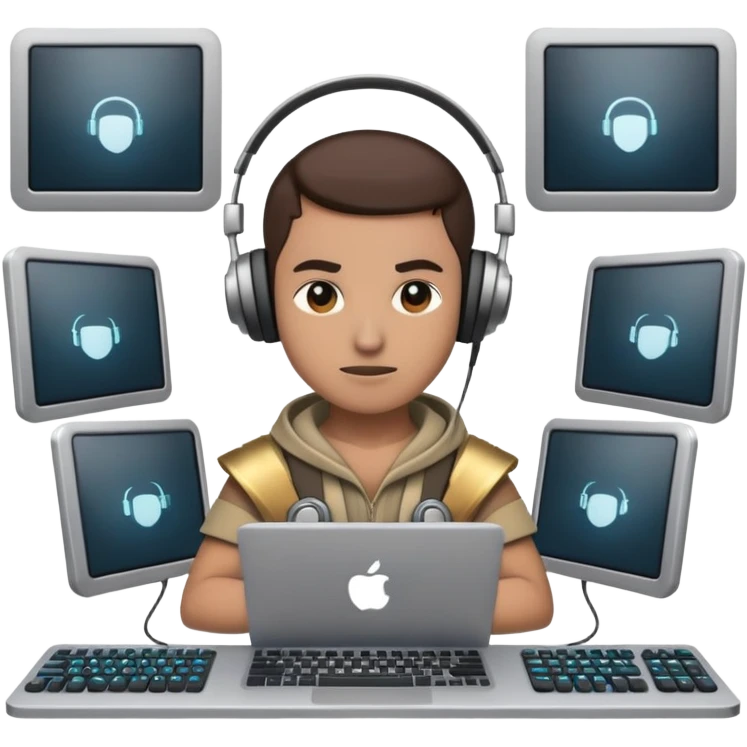 warrior coder with headphones and multiple screens emoji