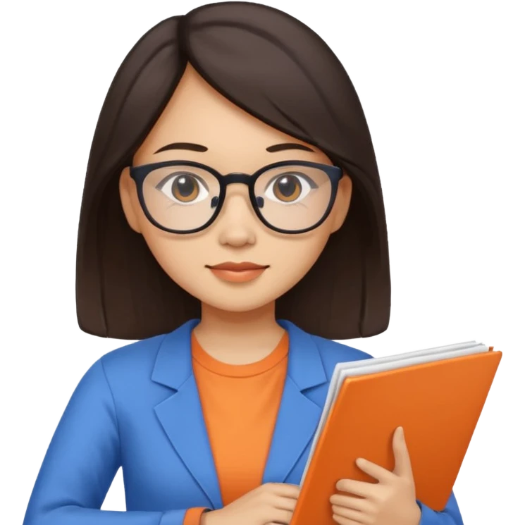 An asian brunette woman teacher with papers and laptop wearing glasses in blue and orange shirt emoji