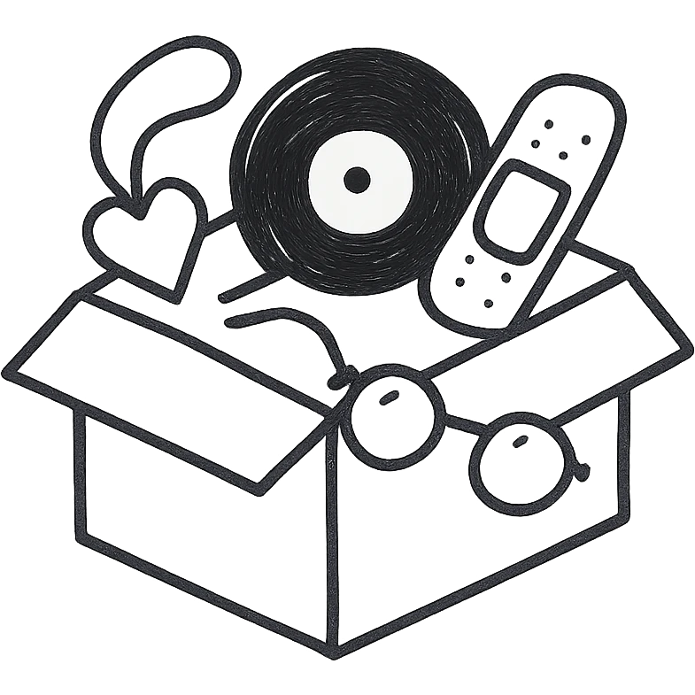 An open box containing a protective amulet from mom, a vinyl record from a friend, bandages, and glasses emoji