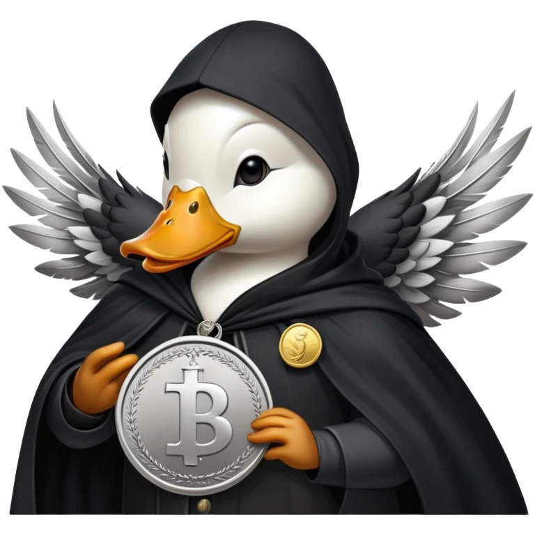 A cool duck wearing a black cloak with a silver coin in its wing emoji