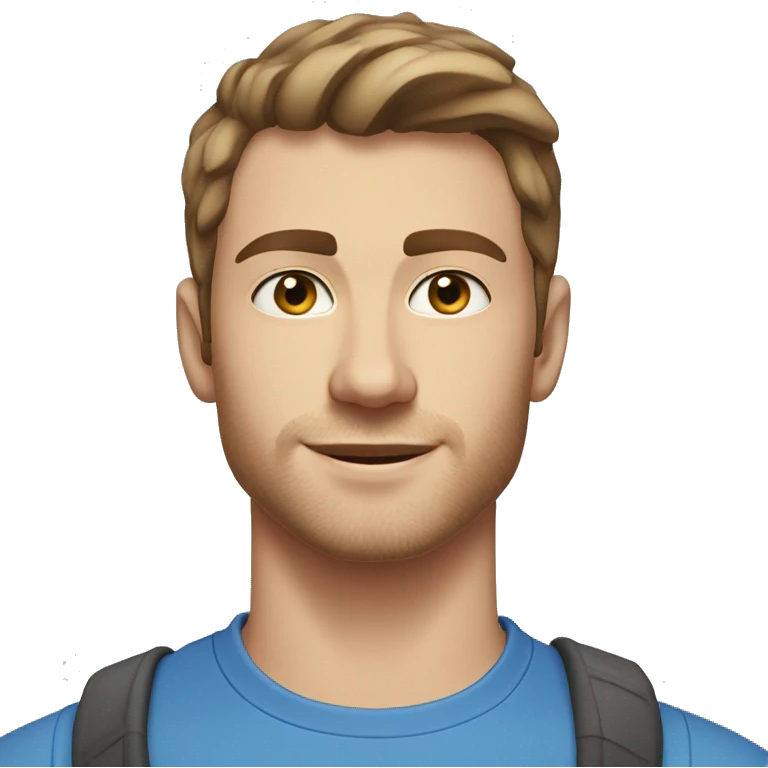 A head and shoulders shot of a 22 year old Caucasian man, with short brown hair, with stubble facial hair,   with blue eyes wearing a t-shirt. emoji