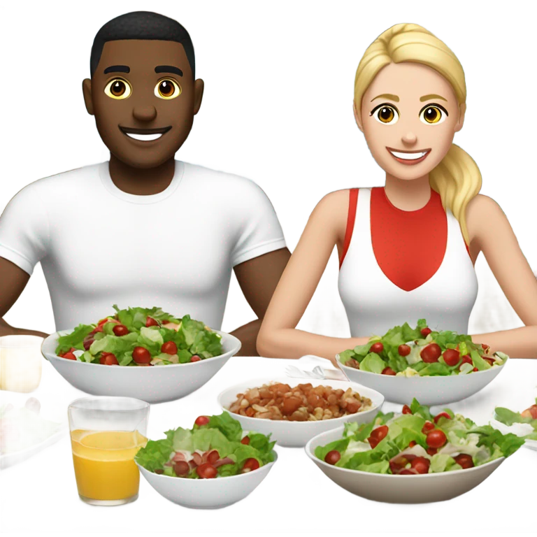 emoji Sporty white couple, man and woman in sportswear, sitting at Christmas holiday dinner table only salads emoji