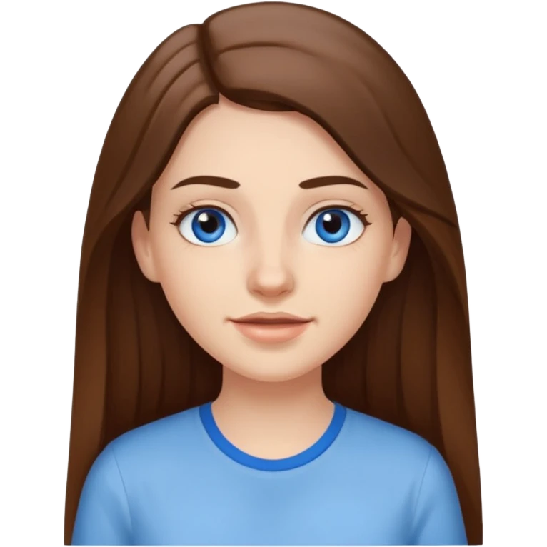 A pretty white girl with long brown hair dark eyebrows and braces and blue eyes wearing a white shirt emoji