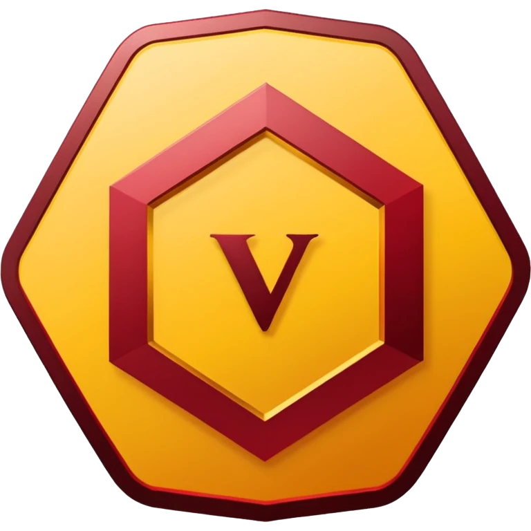 hexagon emblem with a thick yellow-to-gold outline and a dark red gradient inside. In the center, place a bold capital letter V in the same yellow-to-gold gradient as the outline. Keep the shapes clean and geometric, with smooth color transitions and no background color. emoji
