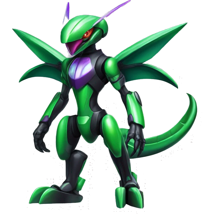 a shiny black-green-purple Genesect-Flygon-Raptor-Fakémon-Medabot-hybrid with a futuristic visor-helmet full body emoji