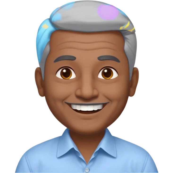 50 yr old indian man, dark skin, grey hair, big smile, white teeth, chubby, no moustache, clean shaven, young style hair, hair brushed back, 5 oclock shadow, bindy on forehead, dress shirt emoji