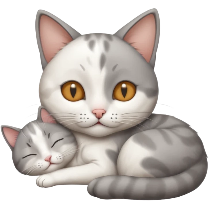 grey and white small cat with its eyes closed lying down with its paw curled and holding up his head emoji
