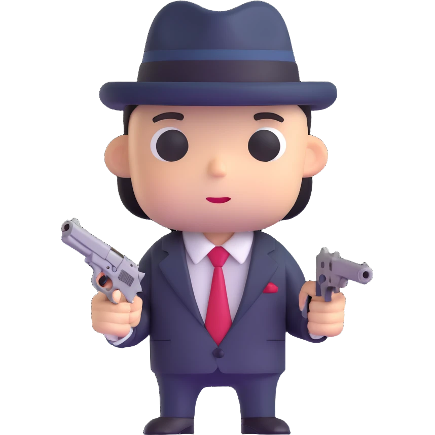 adorable mafia character with suit and tiny gun emoji