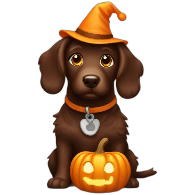 A chocolate doodle dog with a jack on lantern on its head emoji