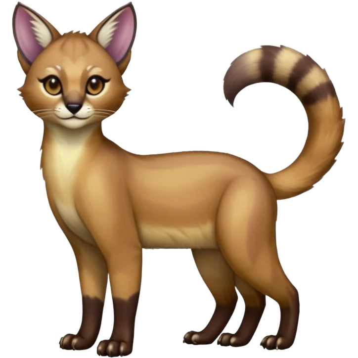 iridescent glorious divine exotic cute cool beautiful shiny beautiful fantasy-caracal-civet-genet-sergal-vernid-Cacomistle-oncilla-animal-Fakémon-hybrid-fursona (full body) emoji