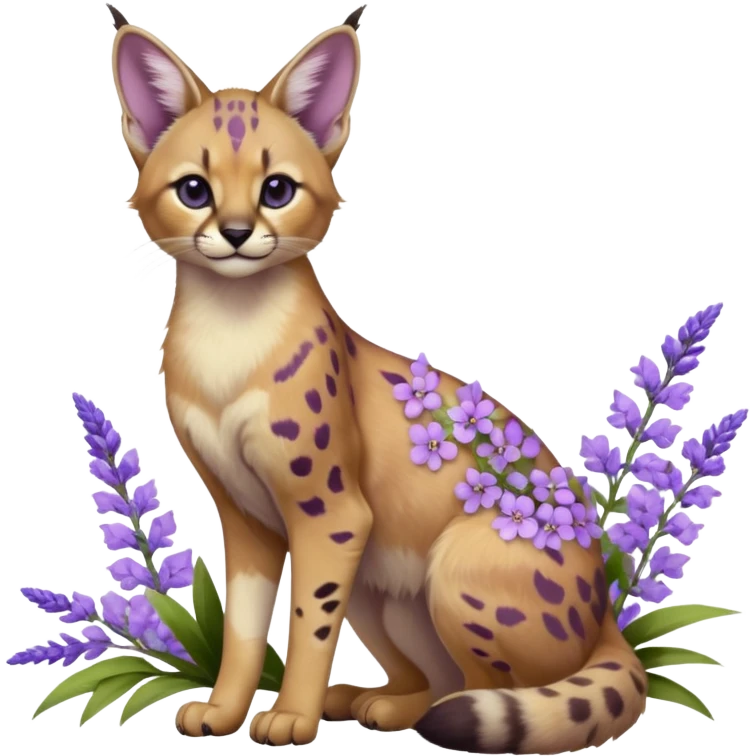 Realistic wild real life cute cool beautiful gorgeous floral pastel-lilac-violet-lavender caracal-serval-civet-genet-hybrid-animal-Fakémon-fursona photo IRL outside (full body) emoji