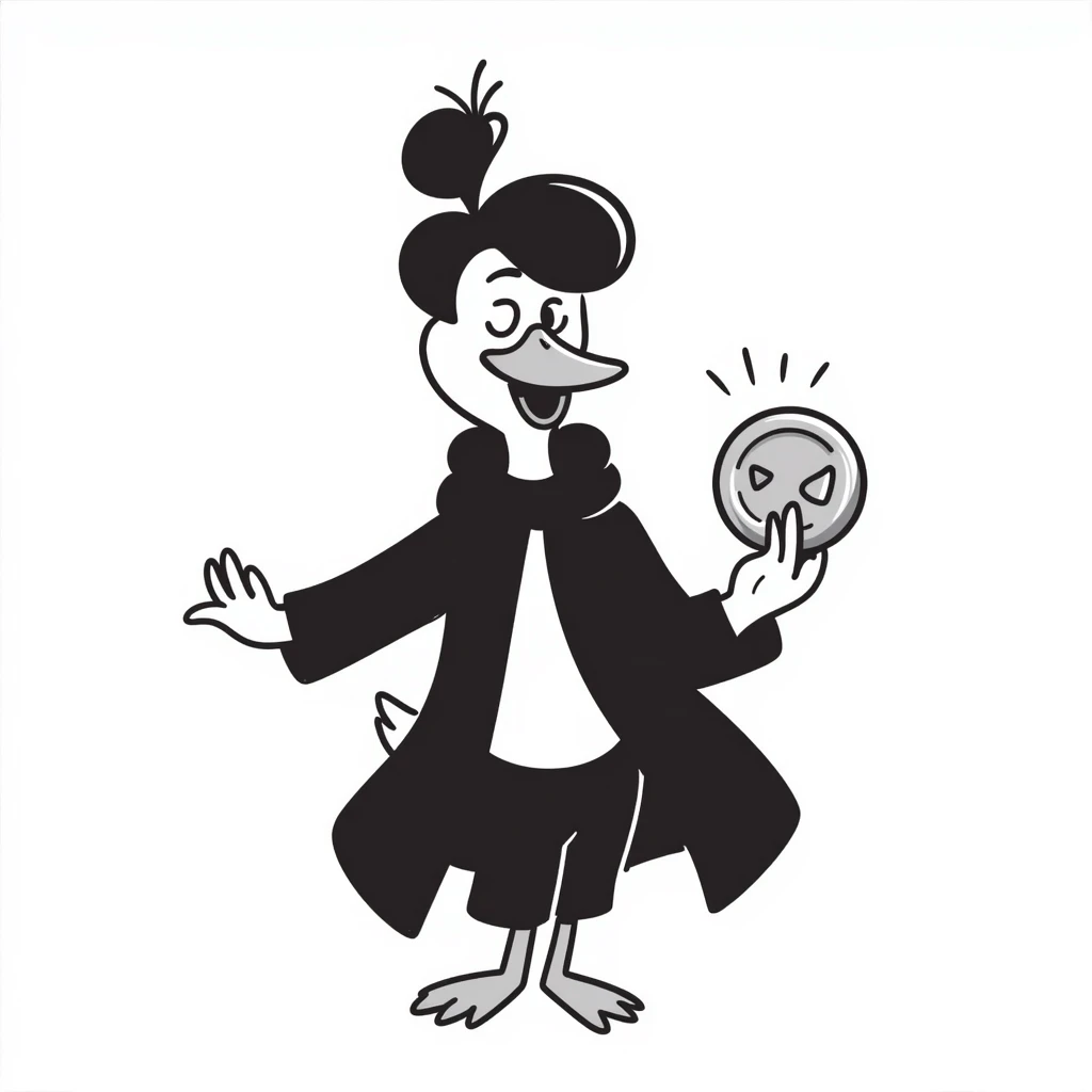 A cool duck in a mysterious black cloak flipping a silver coin emoji