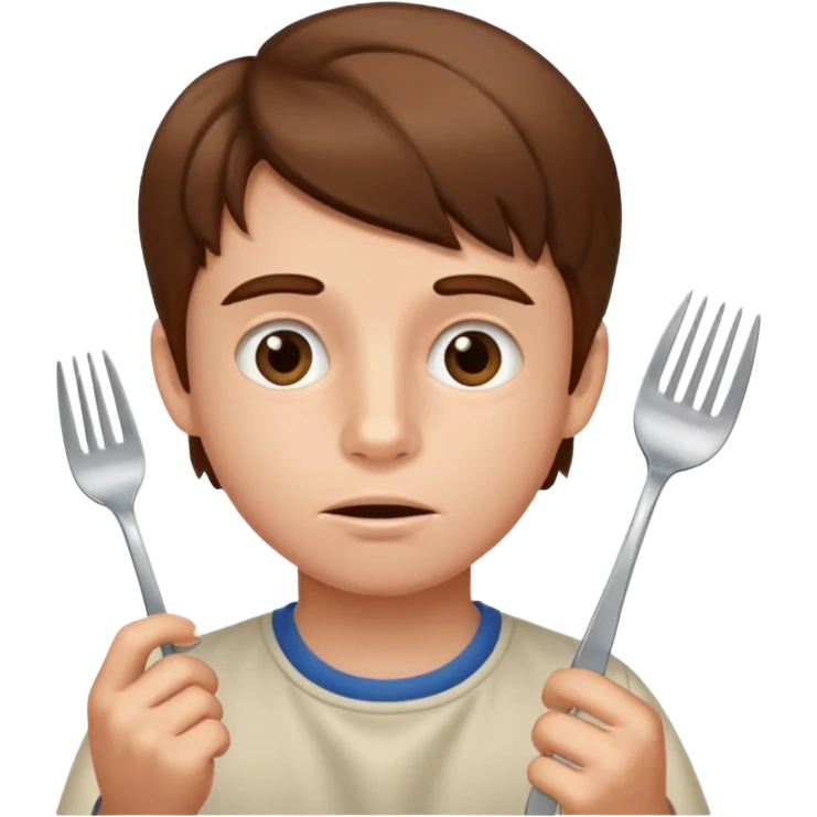 Brown hair boy allergic to soy, swollen face, fork in the hand  emoji