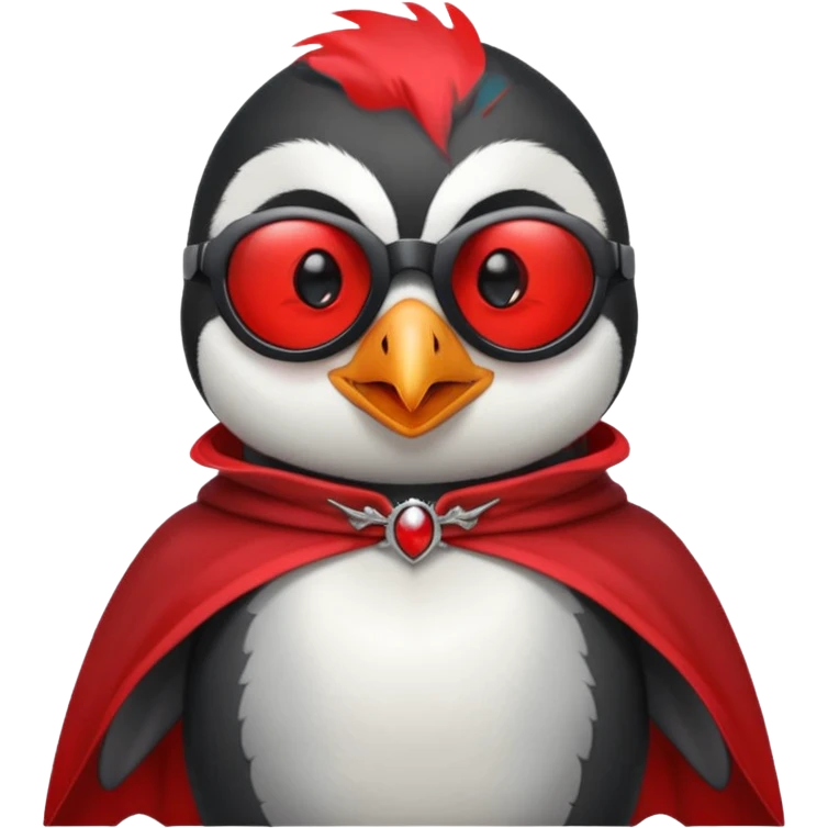Vampire animal, penguin  in red collar cloak, red eye, fangs, sunglasses emoji