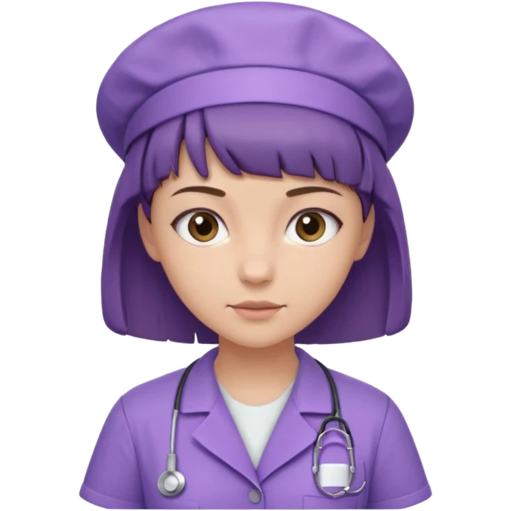 A young female slim nurse with short Brown hair with fringe over her forehead, wearing larvendar purple working cloth only no cap on her hair emoji