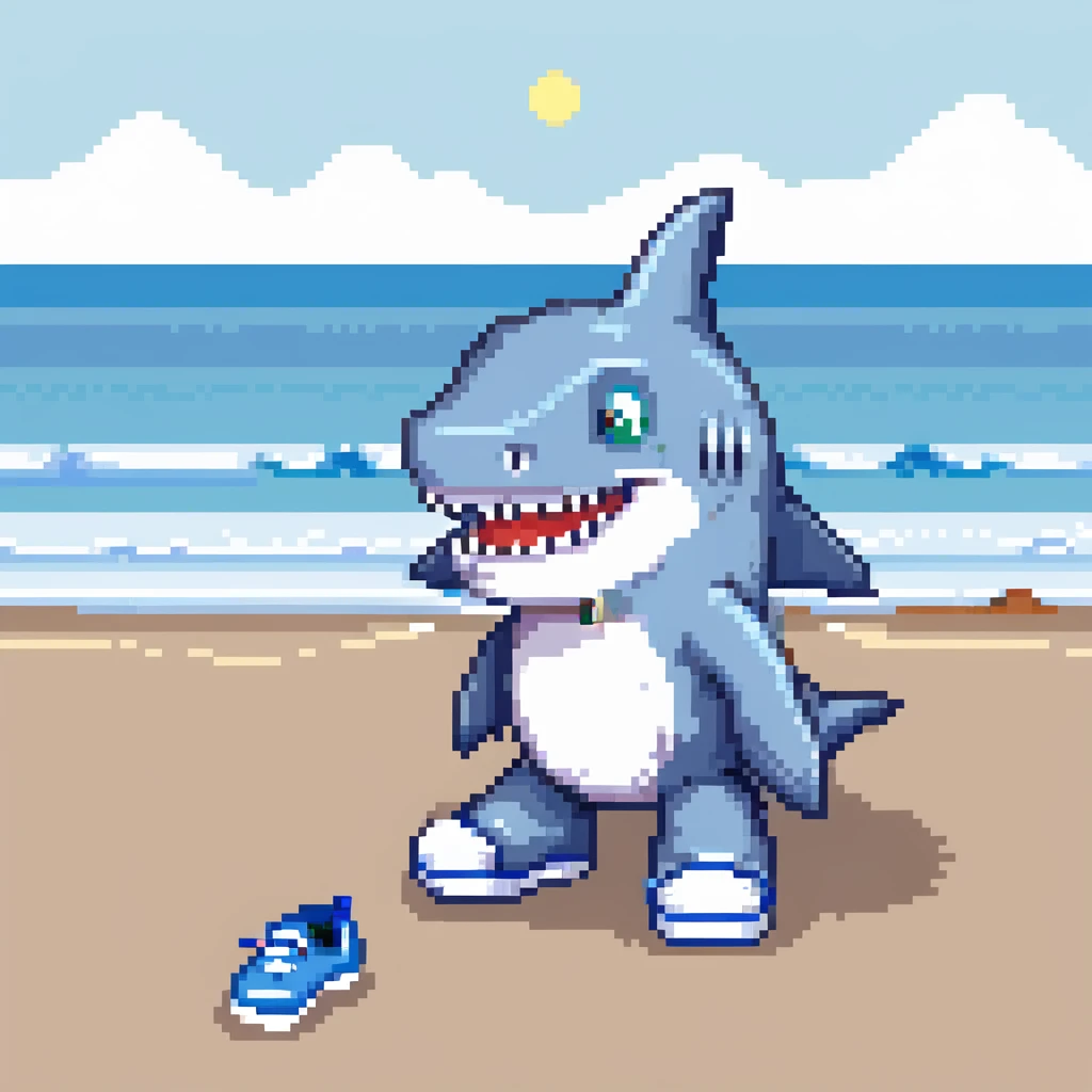 shark with blue shoes at the beach emoji