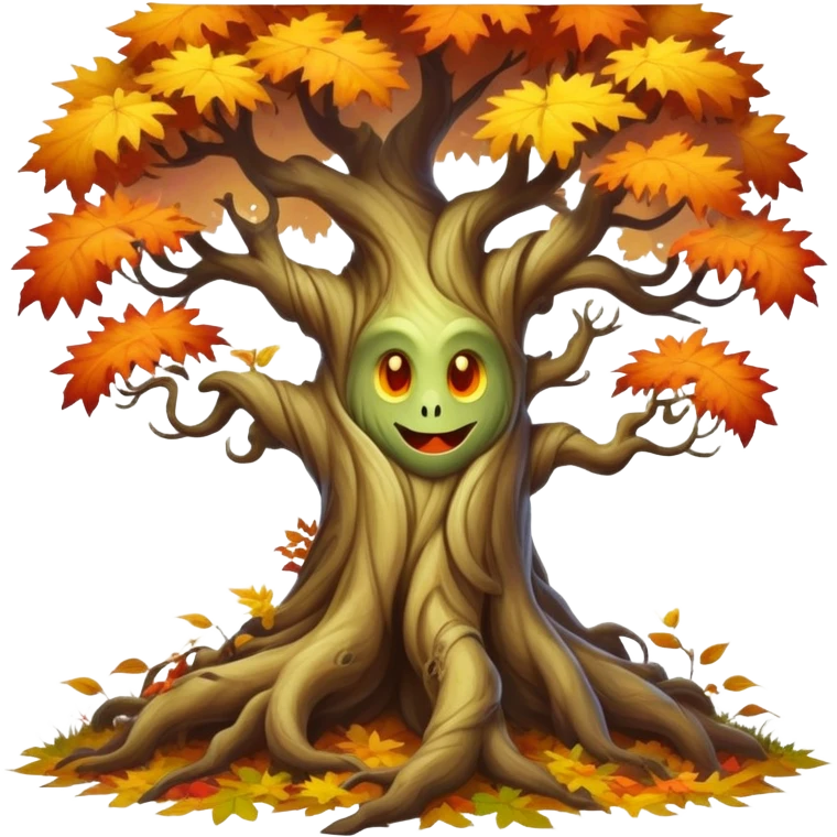 Create a mystical forest monster with the ancient wisdom of a sentient tree whose twisted trunk supports a crown of vibrant autumn foliage surrounding a cheerful, sun-like face that blooms with seasonal energy.


 emoji