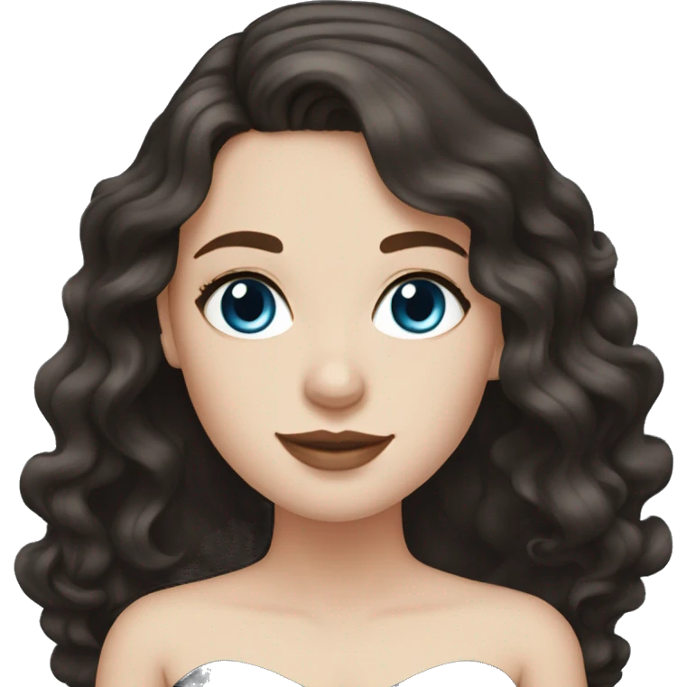 White Girl with wavy dark brown long hair, blue eyes in a black wedding dress emoji