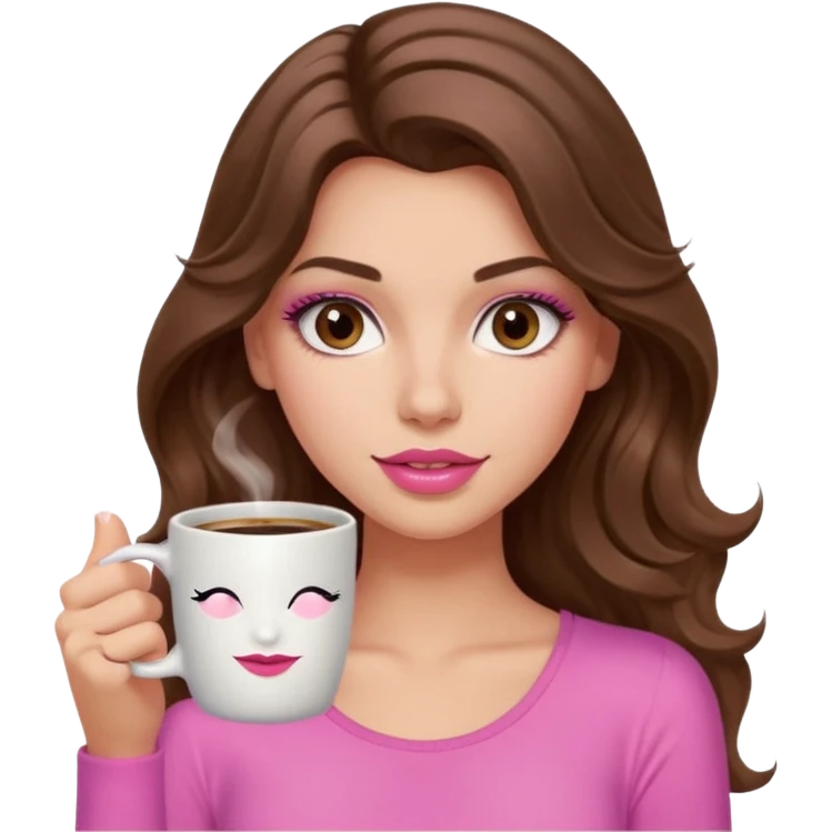 girl with long wavy brown hair, brown eyes, long lashes,sexy pink lips, light to medium complexion, pink sexy top, with a coffee mug emoji