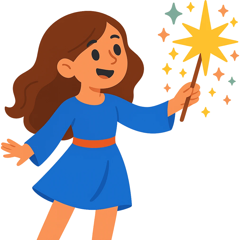 Remove the hat from the brunette girl witch casting a spell, keep her whimsical and magical, vibrant toon style, no background. emoji