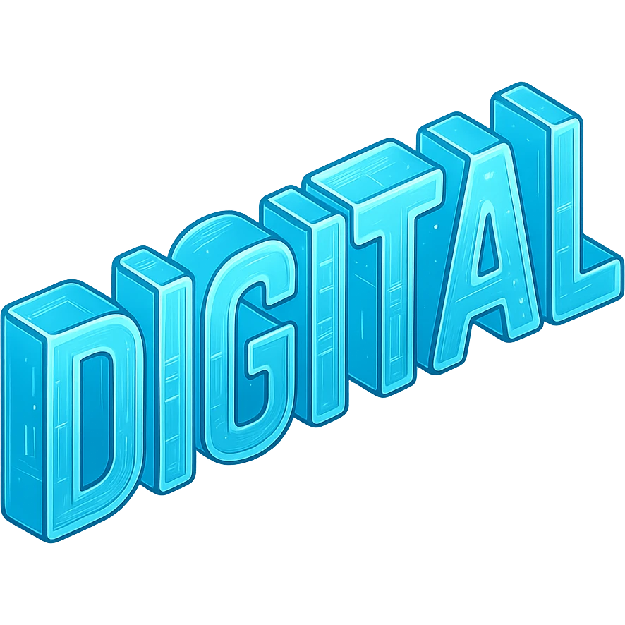 The word "DIGITAL", cyan blue emoji