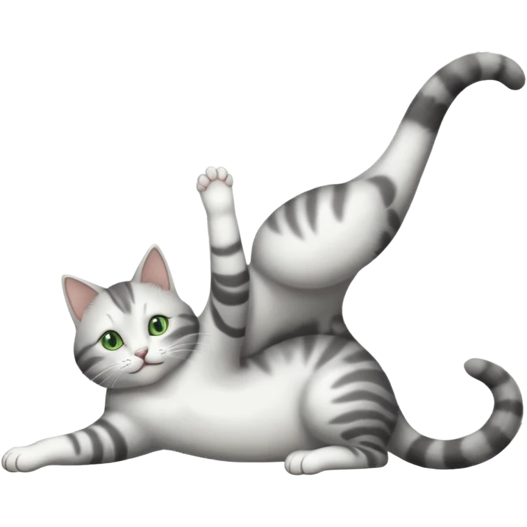 grey and white cat with green eyes doing a big extremely long stretch reaching up into the air with arms and legs side by side together straight and overextended whilst lying on its side emoji