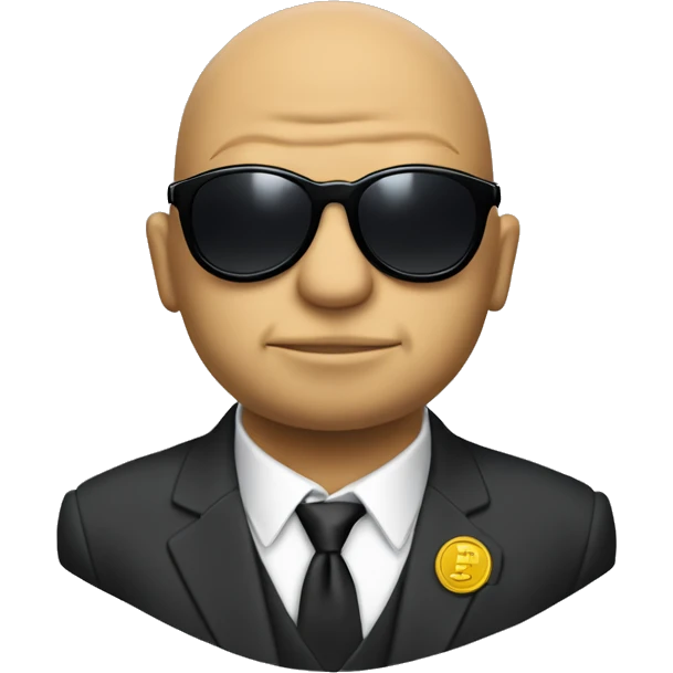 pepe bald from centre and having side hair wearing suit and black shoes with sunglasses and promoting a coin emoji