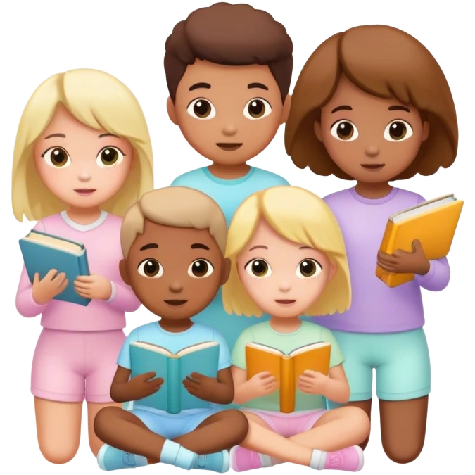 children in pastel clothes play with book emoji