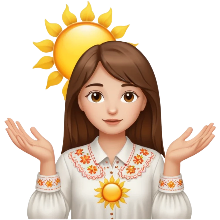 A young Ukrainian girl with brown hair wearing a white embroidered shirt holds the sun in her hands emoji