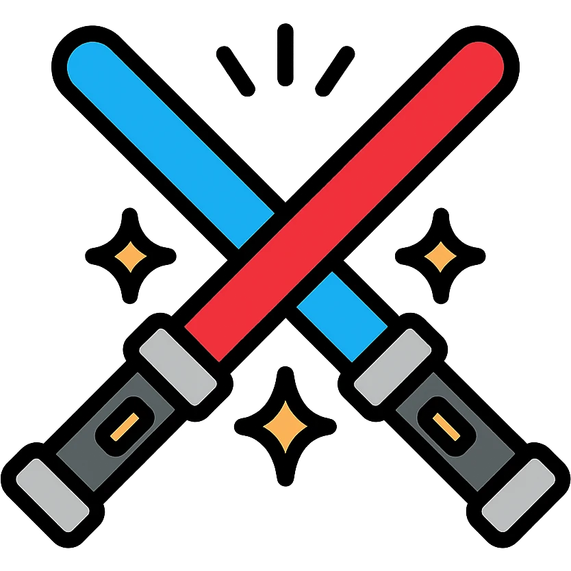 two lightsabers, one blue and one red, clashing with motion lines and sparks emoji