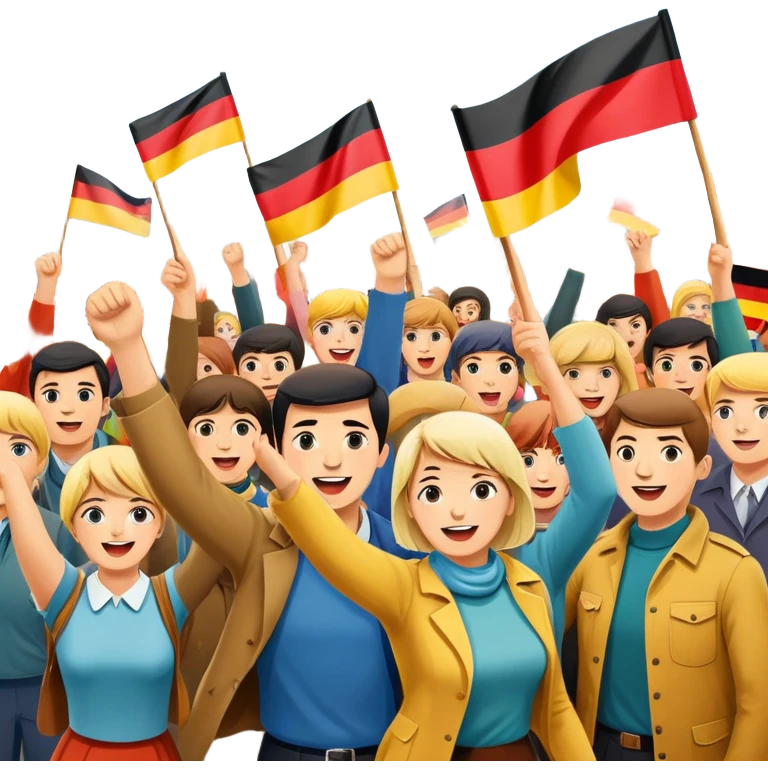 West German protest scene with people holding colorful protest signs, BRD flag, lively mood, 1960s emoji