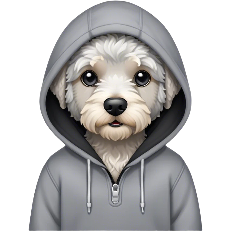 Mini labordoodle gray and black in a hoodie emoji