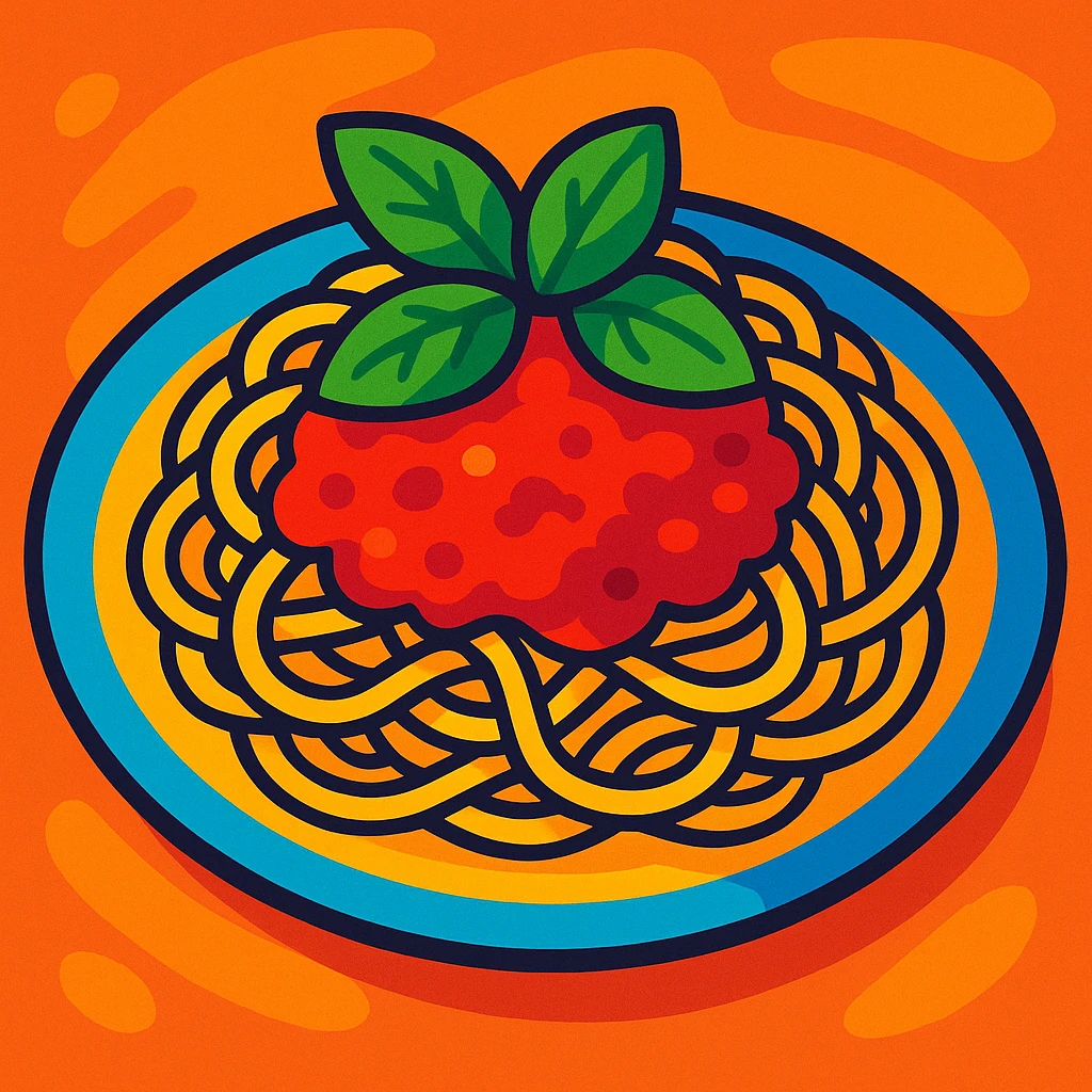a plate of spaghetti with tomato sauce and basil, vibrant toon style emoji