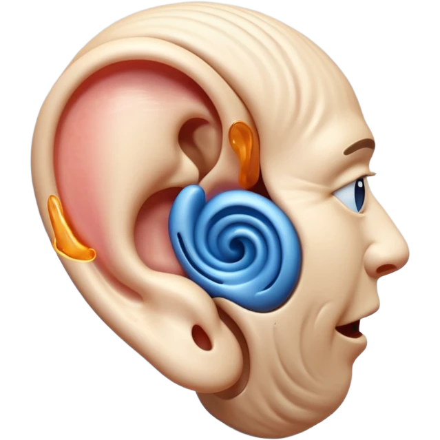 iOS-style 3D emoji: a human ear with three curved sound waves coming out from it emoji