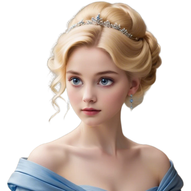 Cinematic Realistic Cinderella Portrait, depicted with lifelike skin texture, subtle rosy undertones, and soft natural lighting that enhances the gentle contours of her face. Her intricately detailed golden blonde hair is elegantly styled in an updo, with delicate wisps framing her face for added realism. Her deep, expressive blue eyes radiate warmth and sincerity, reflecting a quiet resilience and grace. She is dressed in her iconic ball gown, the fabric shimmering with intricate embroidery and fine translucent layers that catch the light beautifully. The soft sheen of satin gloves and the delicate sparkle of a glass-like slipper peeking from beneath her dress add a touch of magical realism. The portrait features an enchanting glow with a natural, luminous finish, seamlessly blending realism and fairytale charm to evoke a sense of depth, elegance, and timeless beauty. emoji