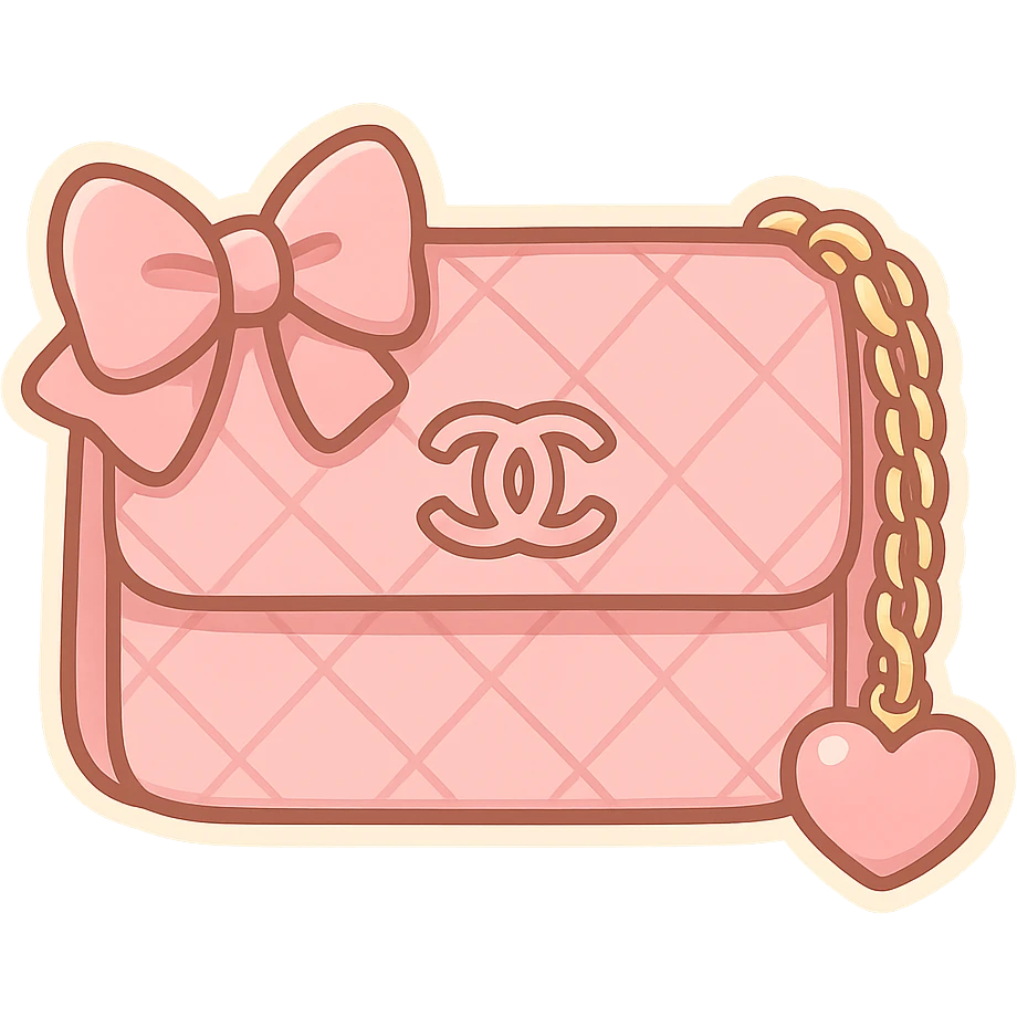 pink Chanel purse with a bow and heart charm, cute and exaggerated chibi stickers style emoji