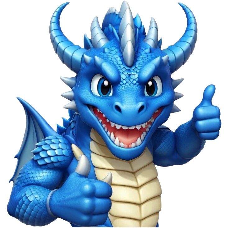 Humanoid blue dragon, smiling with a thumbs up emoji