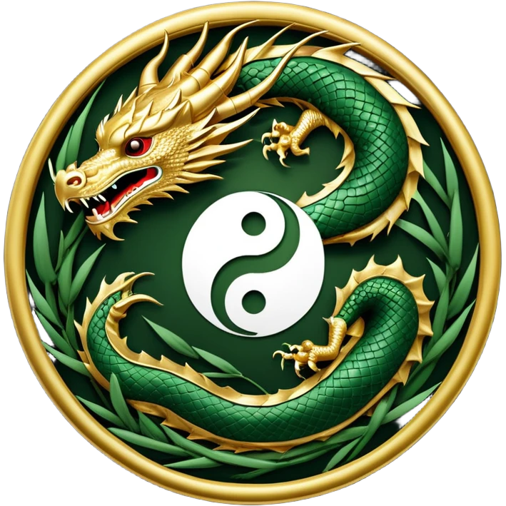 An icon symbolizing Eastern martial arts in the style of an emblem, with a black-and-white Yin-Yang symbol at the center. A dragon is placed on either side, representing strength and wisdom. The design includes bamboo and traditional elements. Transparent background emoji