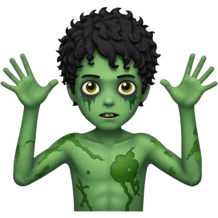 boy zombie with black curly hair, green skin, arms outstretched emoji
